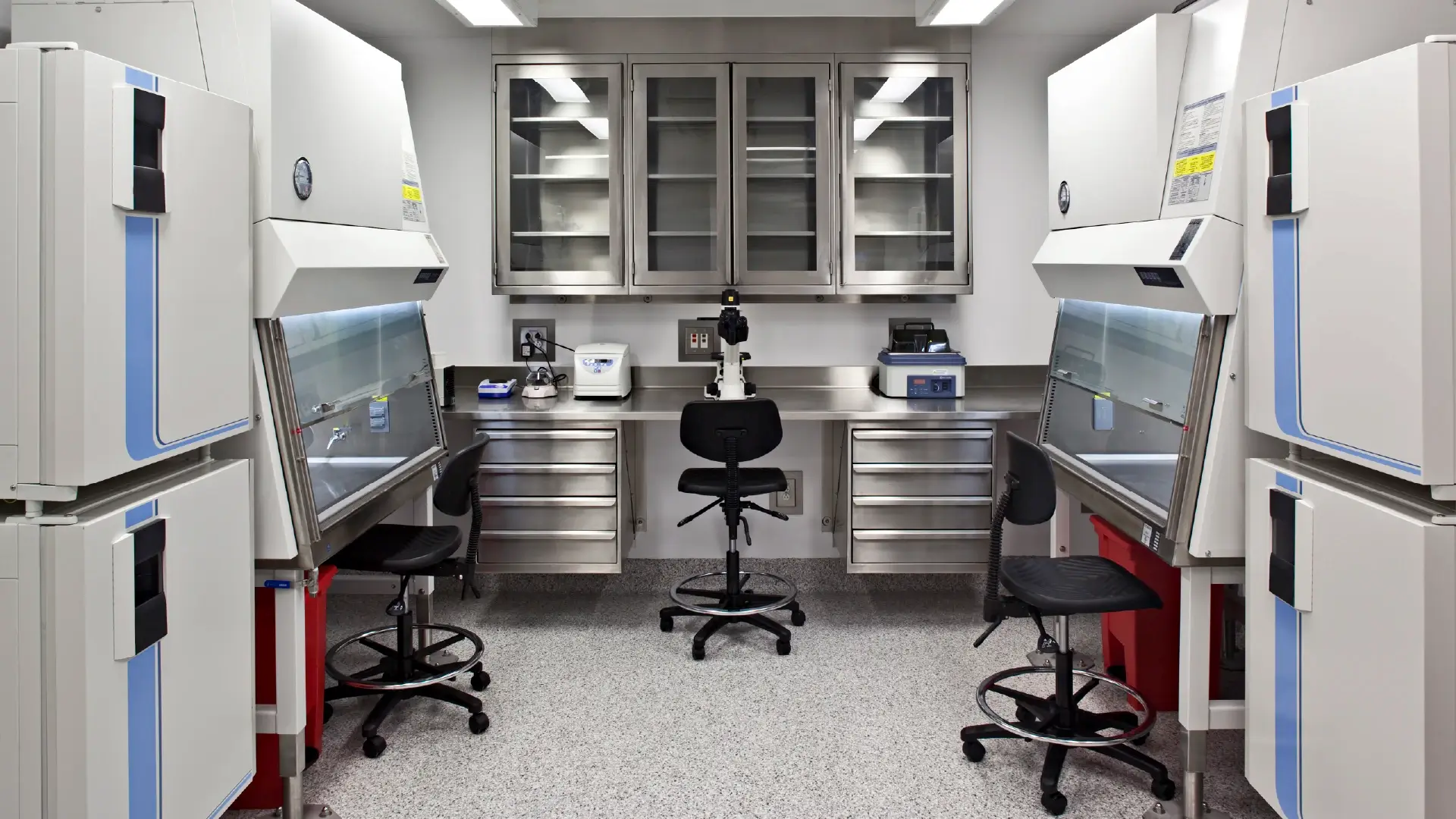 An empty Laboratory full stocked with equipment sits ready for clinical trials