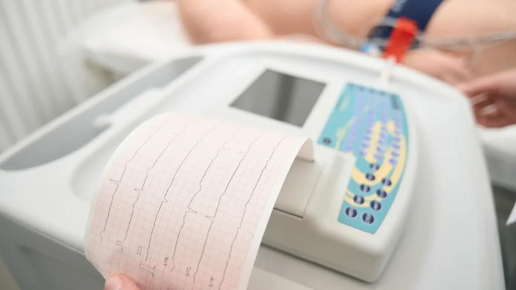 An Axelerist sourced ECG machine beside a patient in a clinical trial